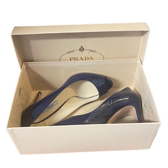 Prada Navy Blue Patent Peep Toe Heels Shoes Sz 40 - Picture 2 of 9